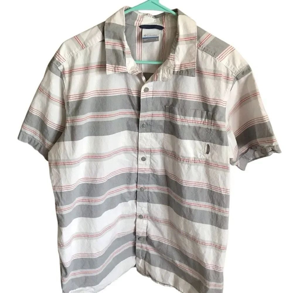 Columbia Mens size Large button down shirt white gray striped short sleeve